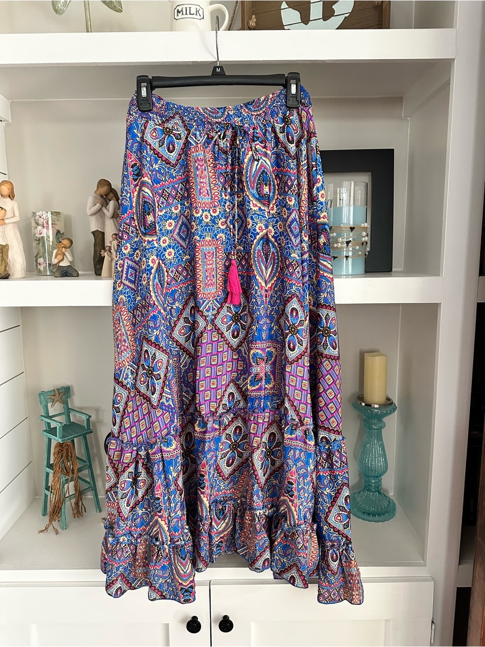 Chelsea & Theodore Blue and Purple Paisley Tiered Maxi Skirt *Flaw*